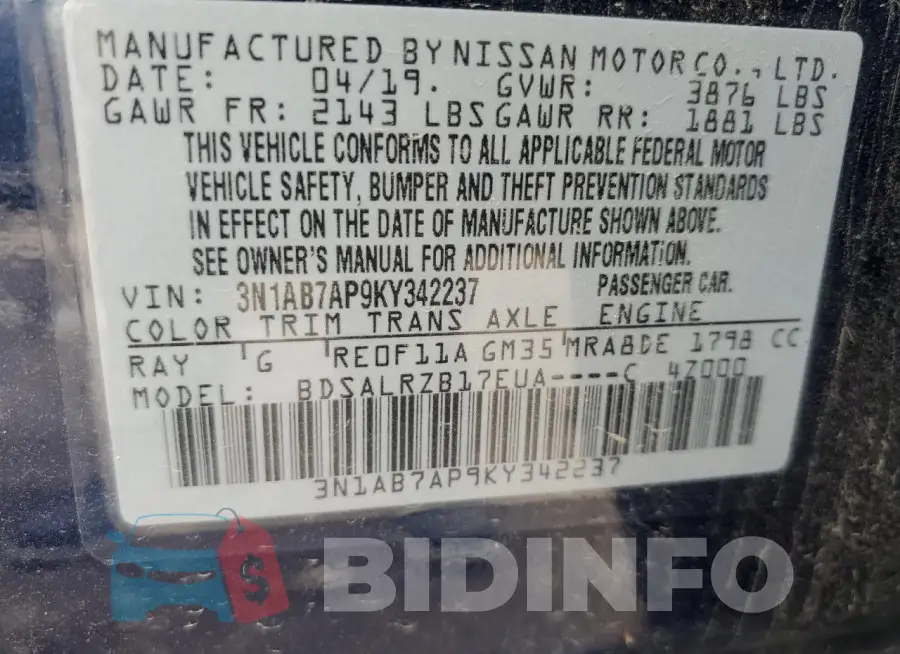 3N1AB7AP9KY342237 Photo# 13