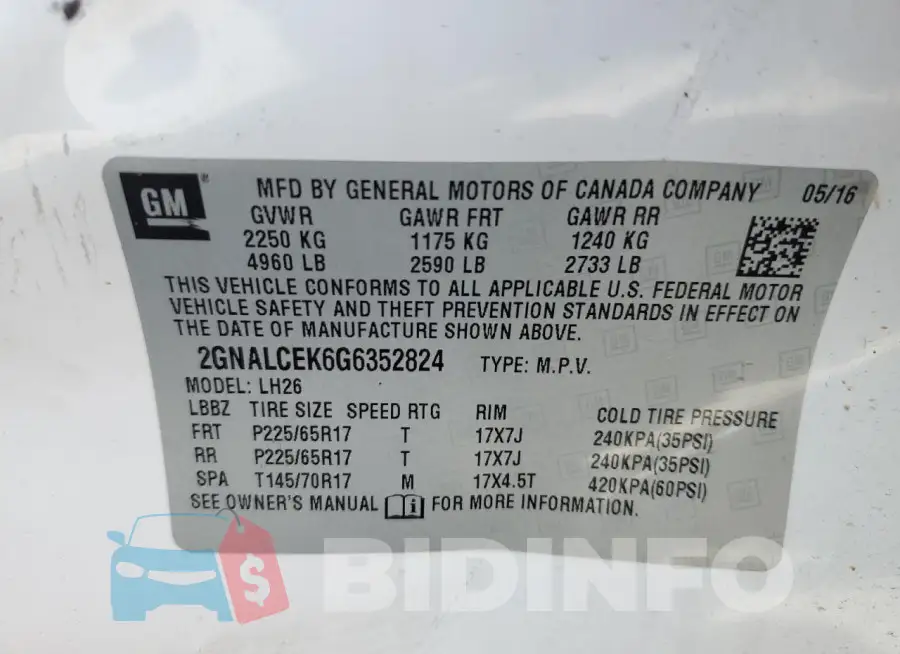 2GNALCEK6G6352824 Photo# 14