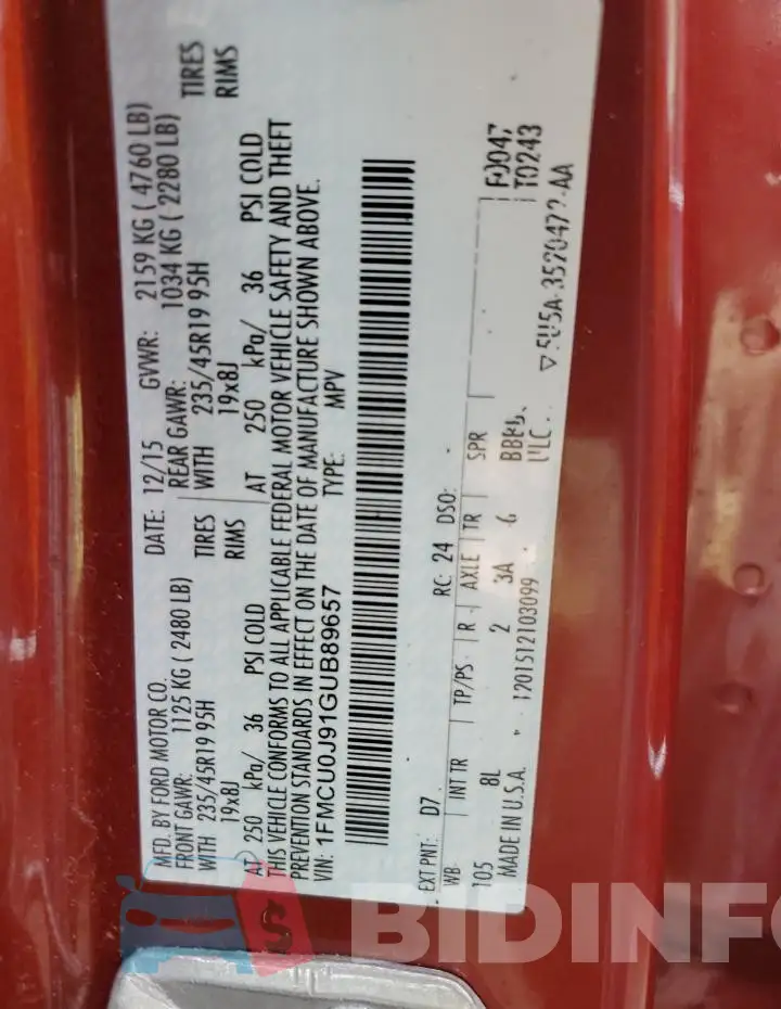 1FMCU0J91GUB89657 Photo# 14