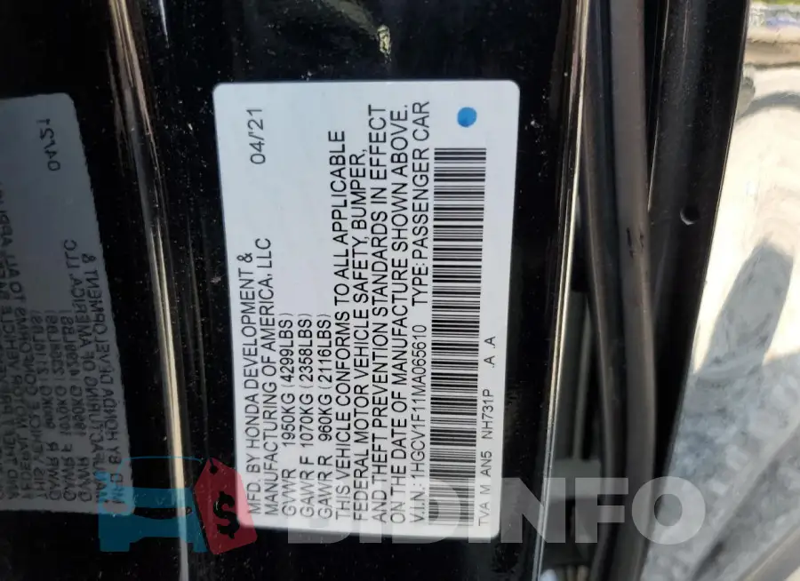 1HGCV1F11MA065610 Photo# 12