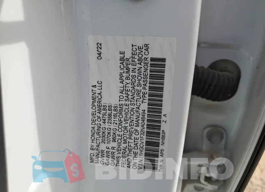 1HGCV1F32NA048494 Photo# 12