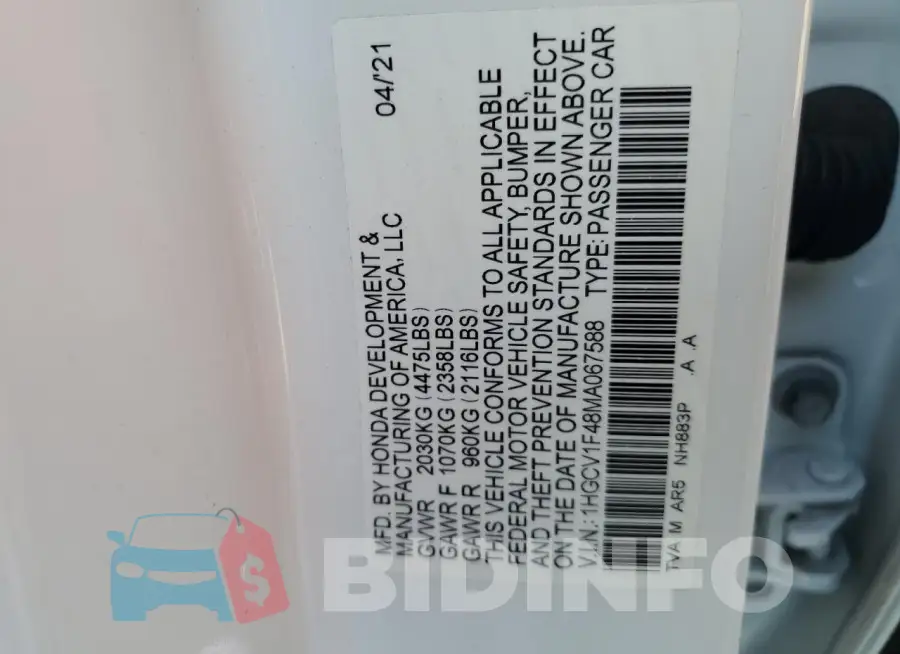 1HGCV1F48MA067588 Photo# 12