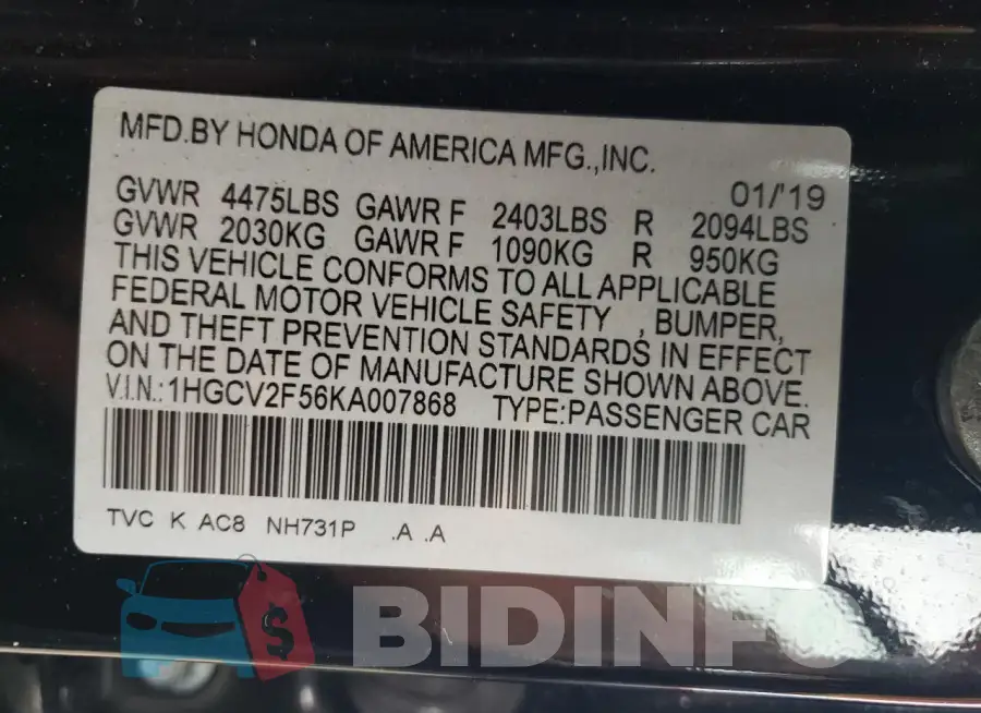 1HGCV2F56KA007868 Photo# 12