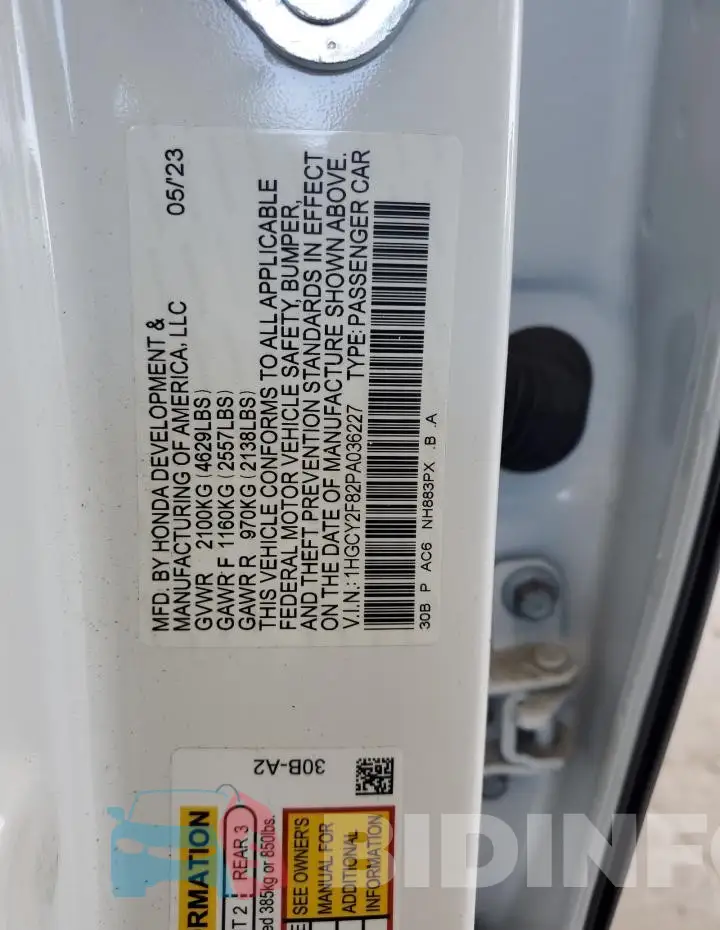 1HGCY2F82PA036227 Photo# 12