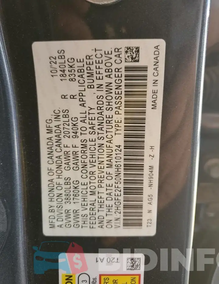 2HGFE2F50NH610124 Photo# 12