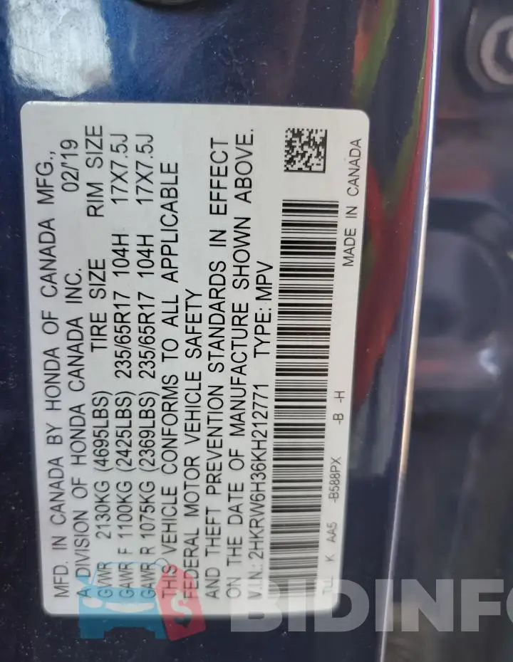 2HKRW6H36KH212771 Photo# 13