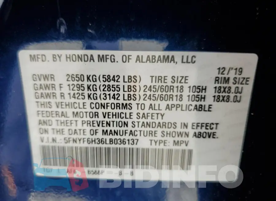 5FNYF6H36LB036137 Photo# 13