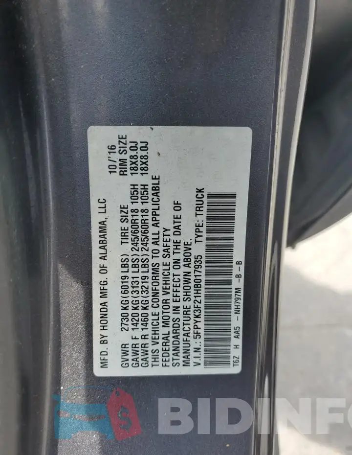 5FPYK3F21HB017935 Photo# 12