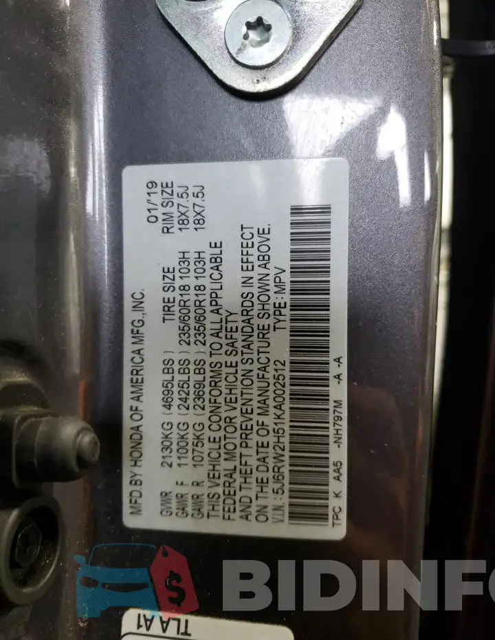 5J6RW2H51KA002512 Photo# 14