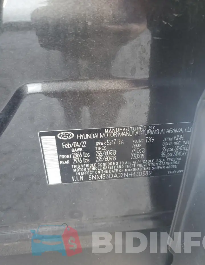 5NMS3DAJ2NH430389 Photo# 12