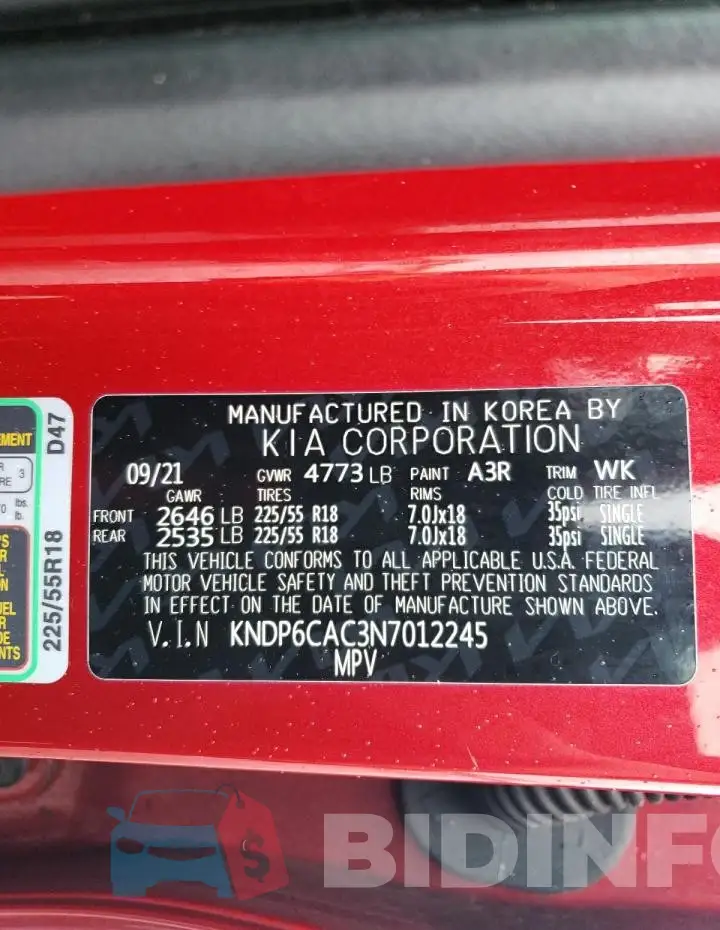 KNDP6CAC3N7012245 Photo# 14