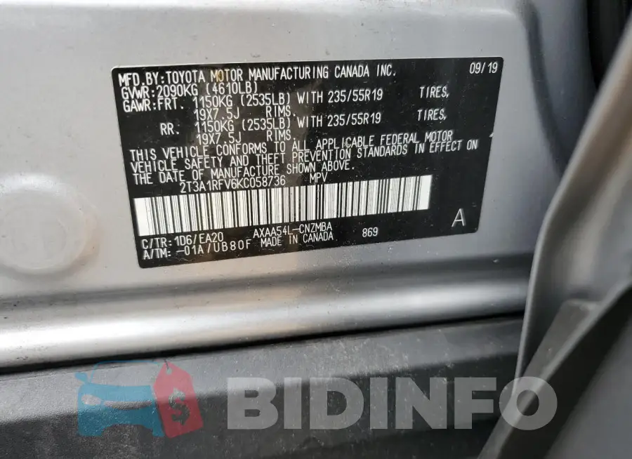 2T3A1RFV6KC058736 Photo# 14