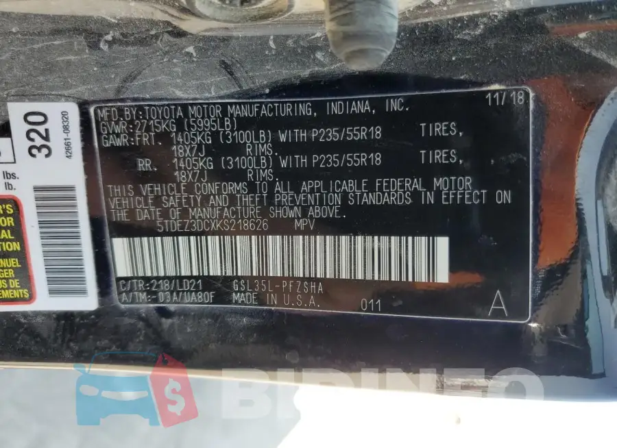 5TDEZ3DCXKS218626 Photo# 13
