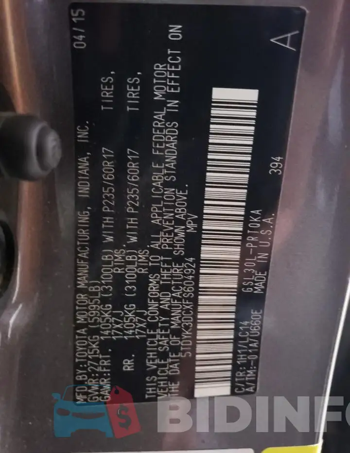 5TDYK3DCXFS604924 Photo# 13