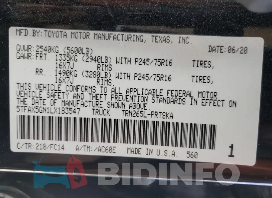 5TFAX5GN1LX183547 Photo# 12