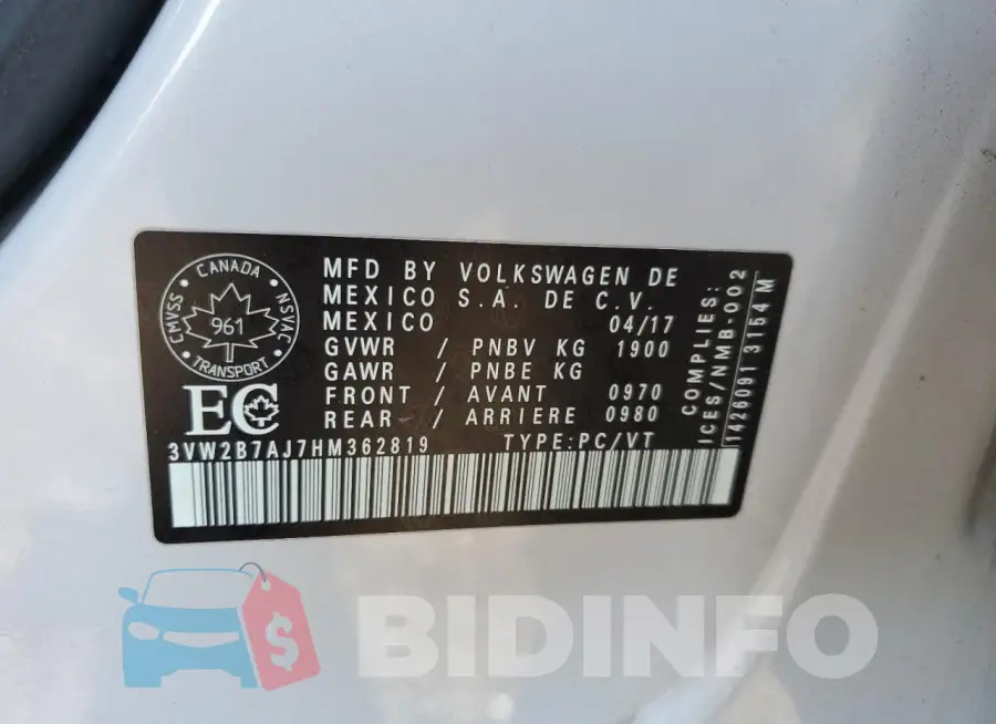 3VW2B7AJ7HM362819 Photo# 12