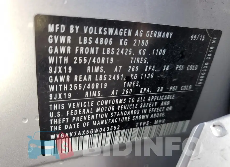 WVGAV7AX5GW043553 Photo# 13