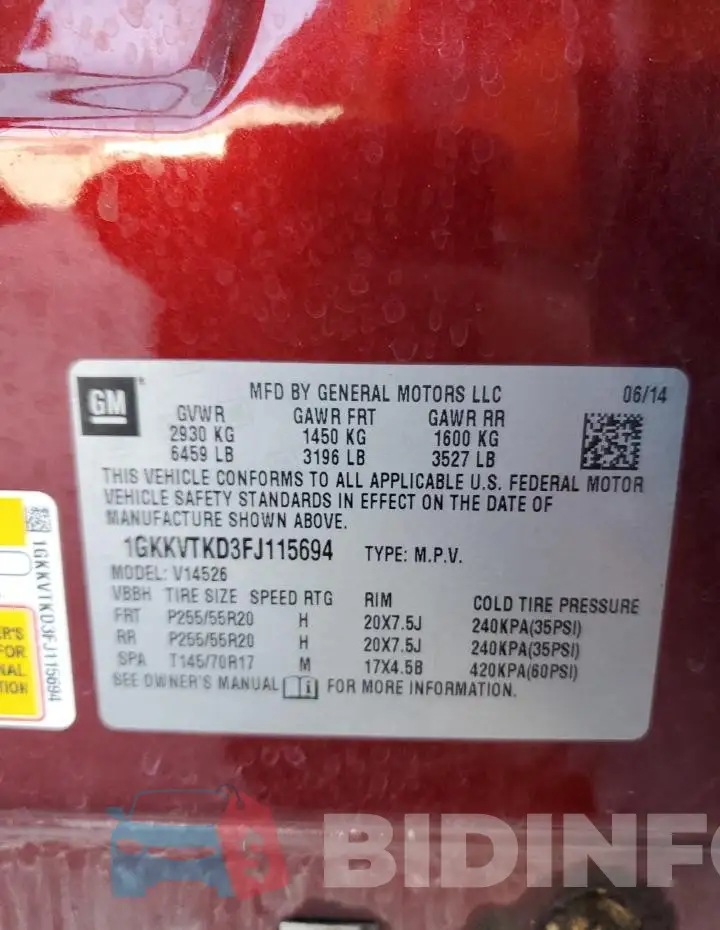 1GKKVTKD3FJ115694 Photo# 14