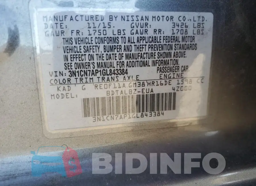 3N1CN7AP1GL843384 Photo# 12