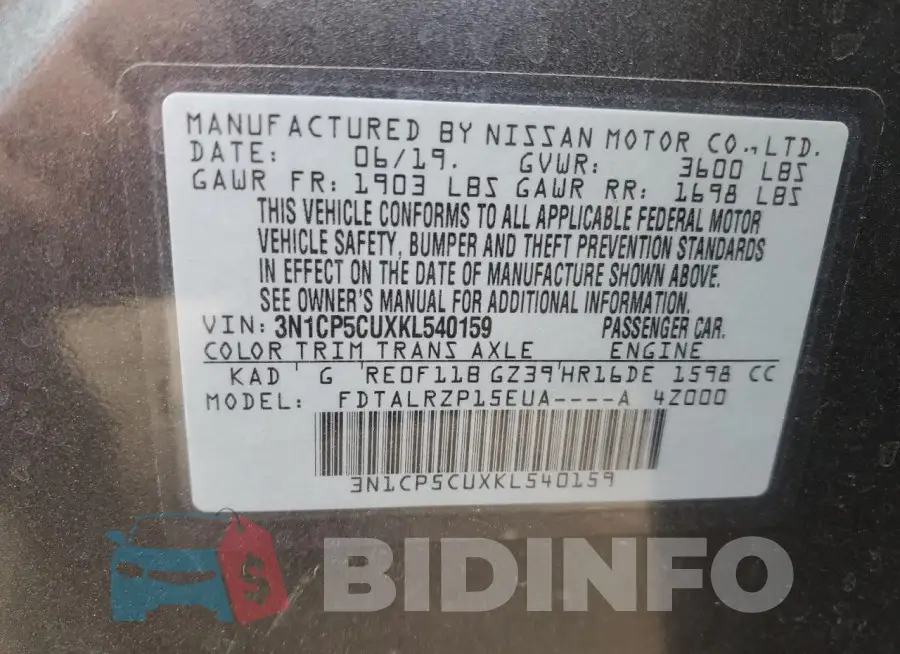 3N1CP5CUXKL540159 Photo# 13