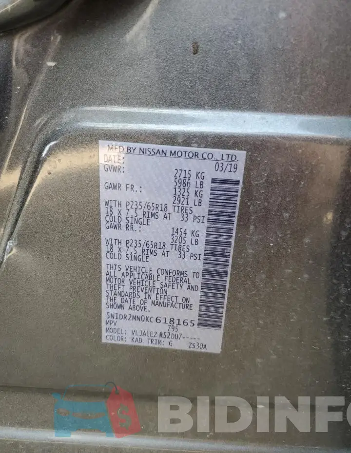 5N1DR2MN0KC618165 Photo# 12