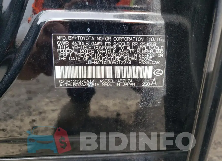 JTHBA1D23G5012274 Photo# 12