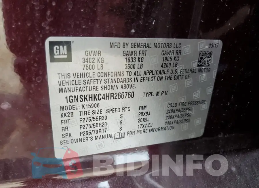 1GNSKHKC4HR266760 Photo# 14