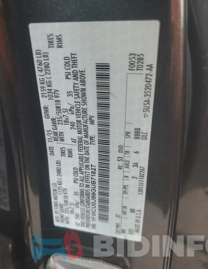 1FMCU0J99GUB71827 Photo# 14