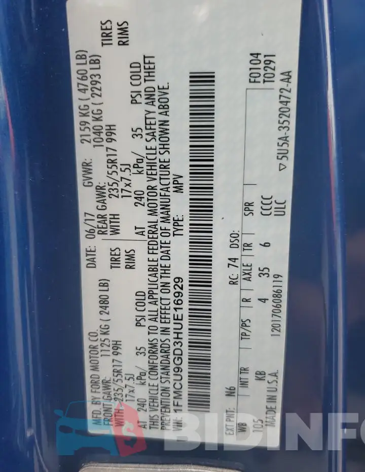 1FMCU9GD3HUE16929 Photo# 12