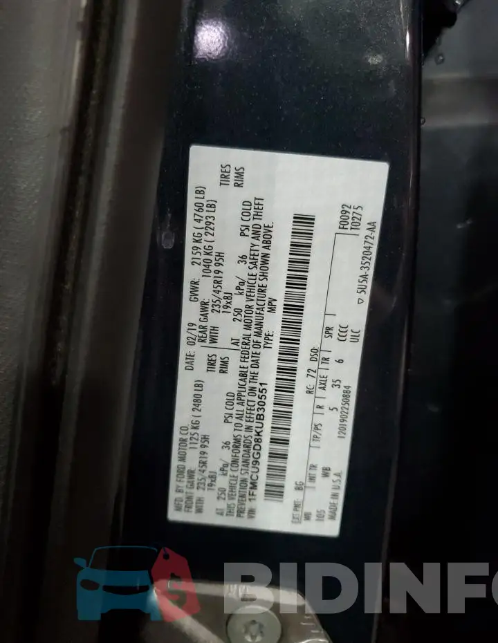 1FMCU9GD8KUB30551 Photo# 14
