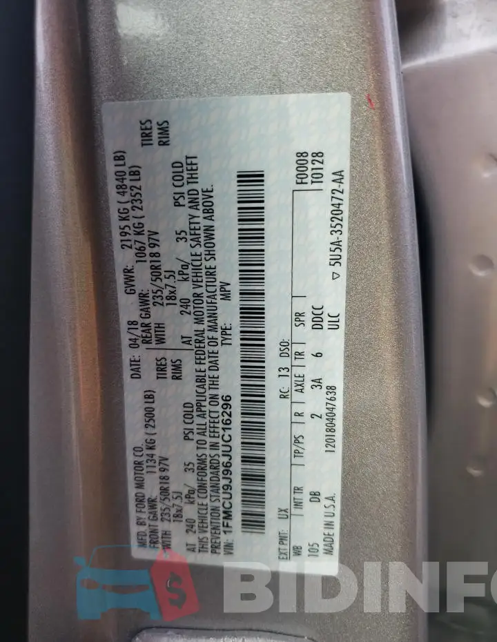 1FMCU9J96JUC16296 Photo# 12