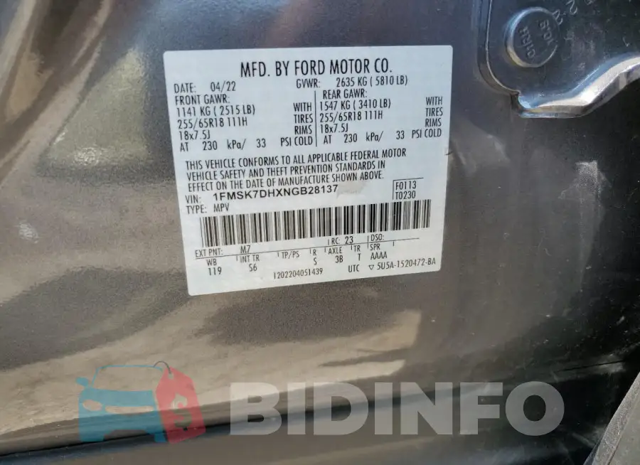 1FMSK7DHXNGB28137 Photo# 14