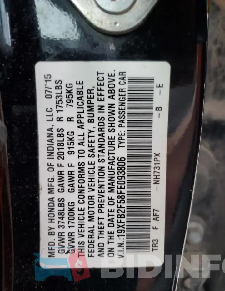 19XFB2F58FE093806 Photo# 12