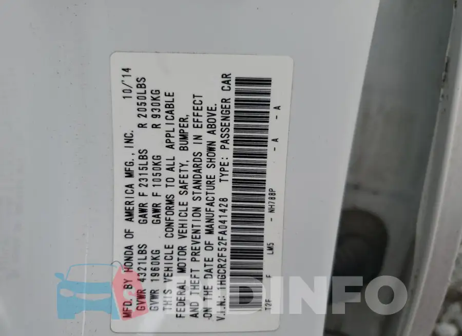 1HGCR2F52FA041428 Photo# 12