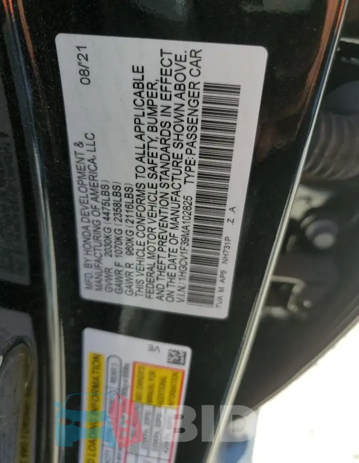 1HGCV1F39MA102825 Photo# 12