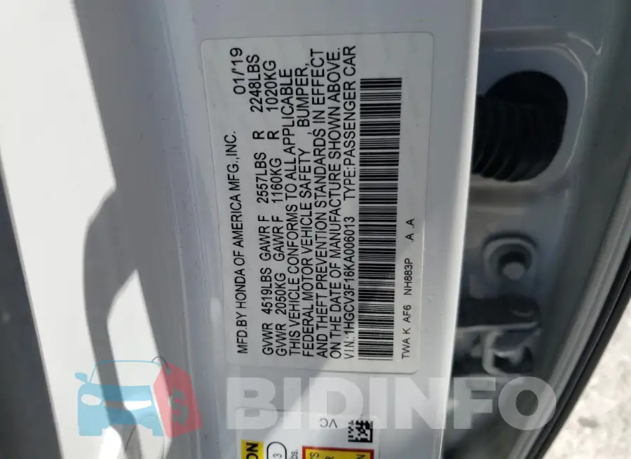 1HGCV3F16KA006013 Photo# 12