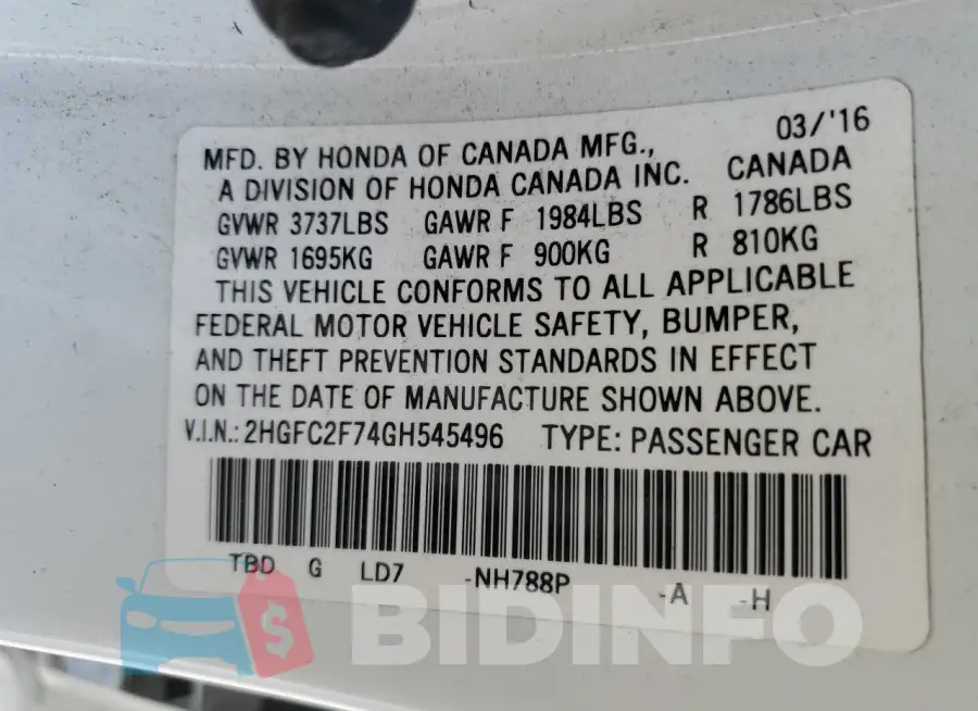 2HGFC2F74GH545496 Photo# 12