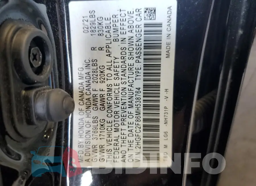 2HGFC2F86MH538764 Photo# 13