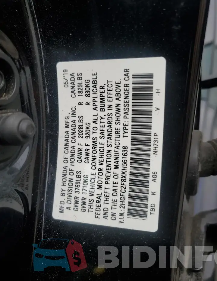 2HGFC2F8XKH561638 Photo# 12