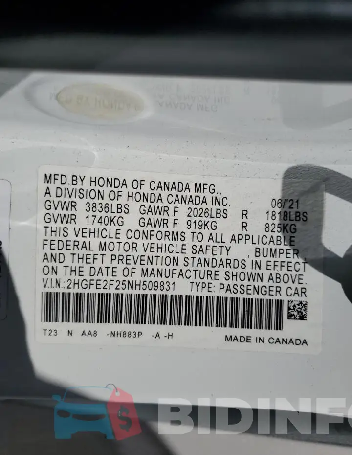 2HGFE2F25NH509831 Photo# 12