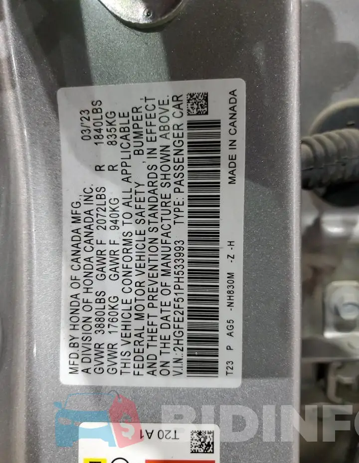 2HGFE2F51PH533993 Photo# 13