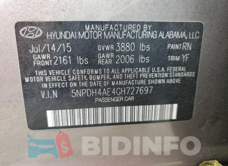5NPDH4AE4GH727697 Photo# 12