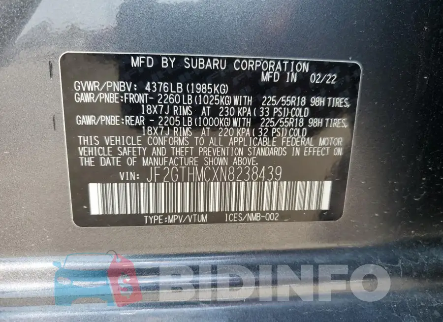 JF2GTHMCXN8238439 Photo# 14
