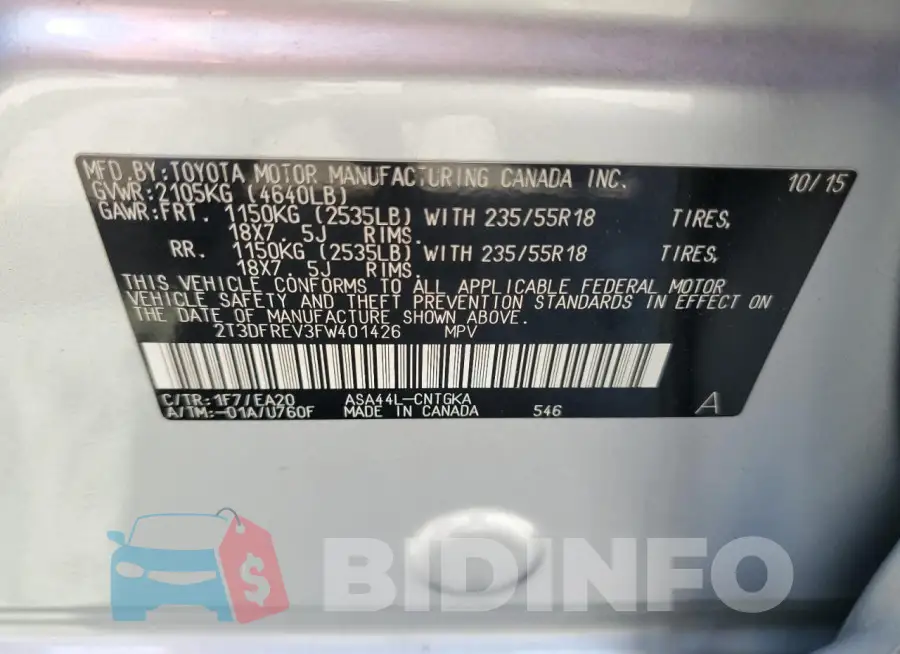 2T3DFREV3FW401426 Photo# 13