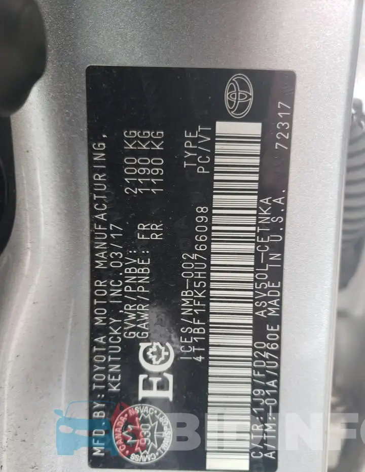 4T1BF1FK5HU766098 Photo# 13
