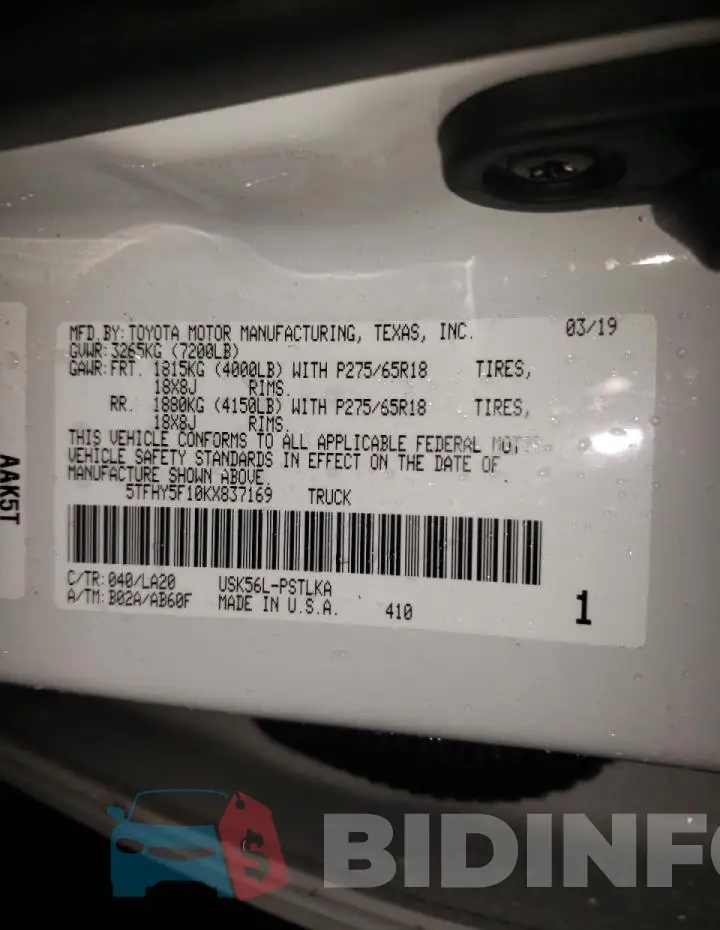 5TFHY5F10KX837169 Photo# 10