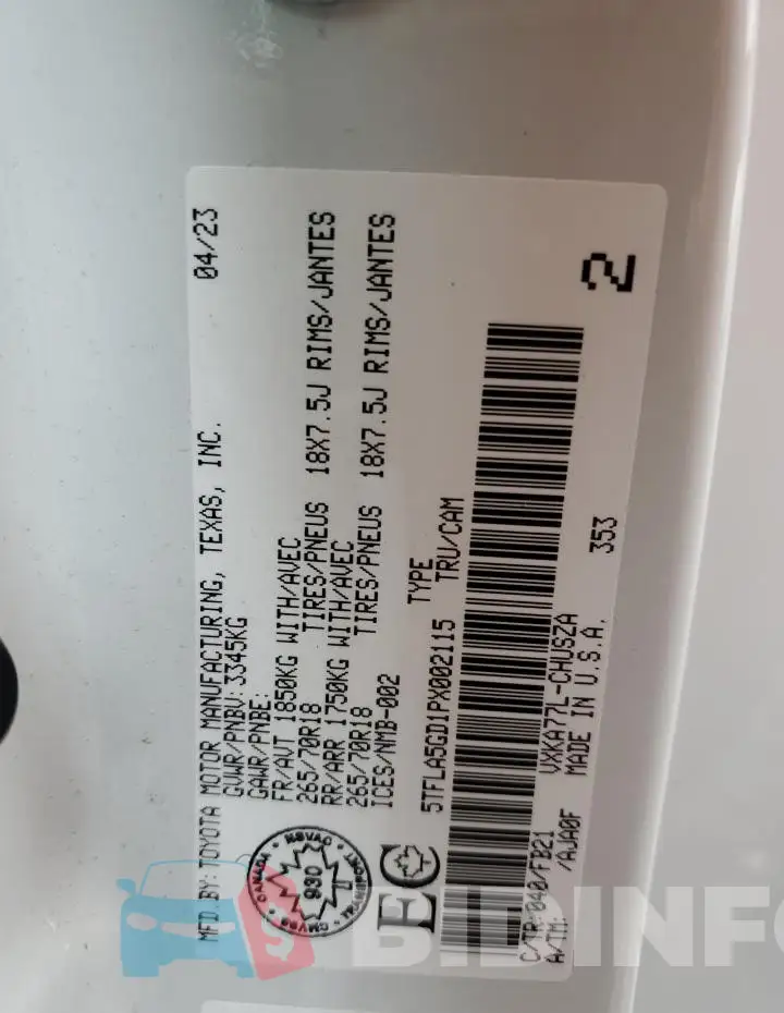 5TFLA5GD1PX002115 Photo# 12