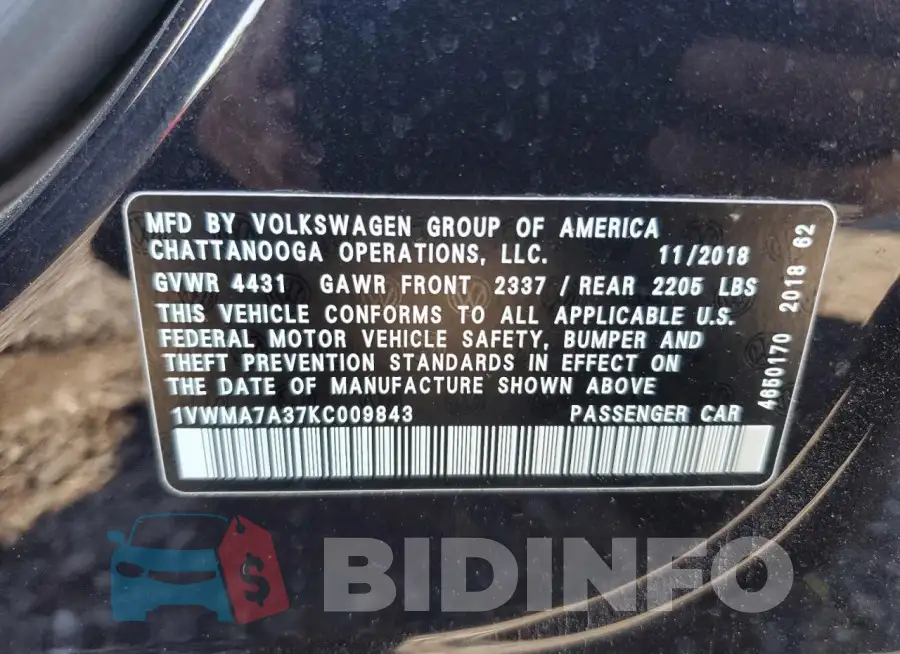 1VWMA7A37KC009843 Photo# 13