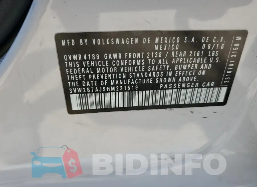 3VW2B7AJ9HM231519 Photo# 12