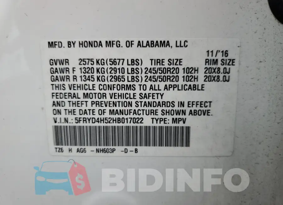 5FRYD4H52HB017022 Photo# 14